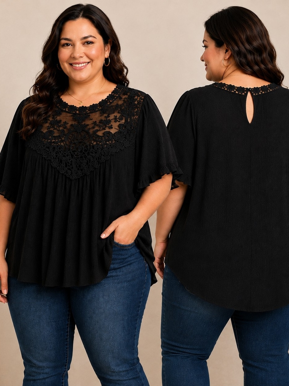 Torrid Black Lace Yoke Flutter Sleeve Blouse – Size 4